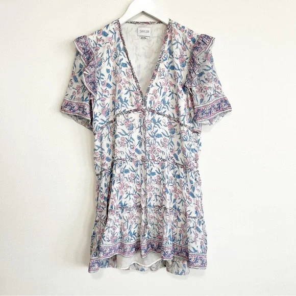SAYLOR Evelynne Blockprint Floral Mini Tiered Dress Cotton Size Medium - Picture 2 of 9